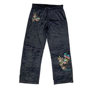 Vtg BCBG Velour Drawstring Pants Size L Petite Black Y2K Embroidered Birds Bling